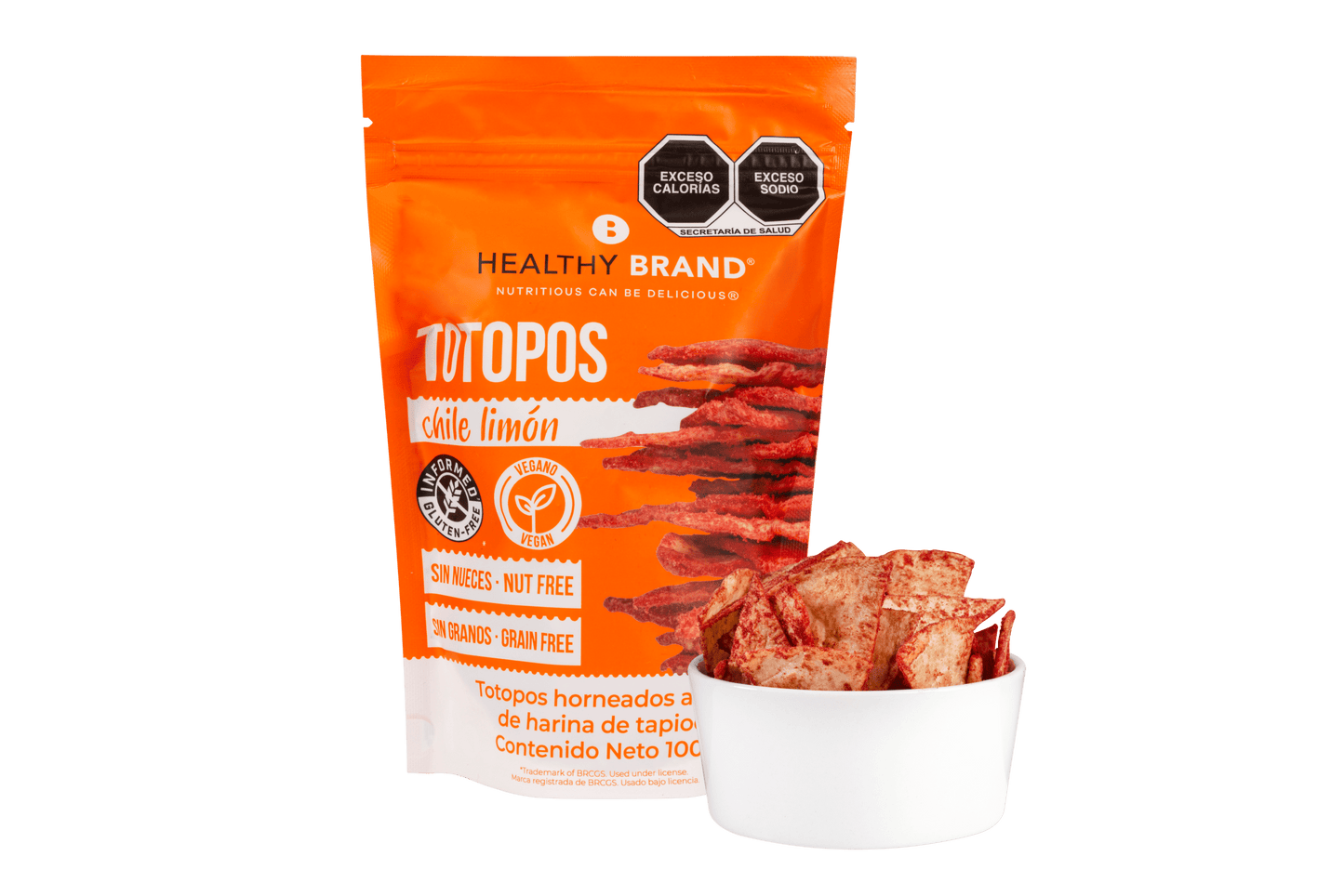 Totopos de tapioca sabor chile limón 100g.