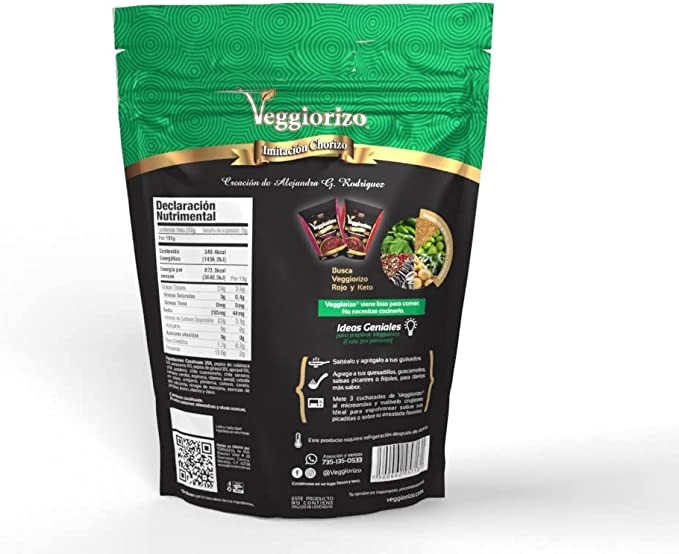 Chorizo Verde Vegano, listo para comer. Veggiorizo 250g