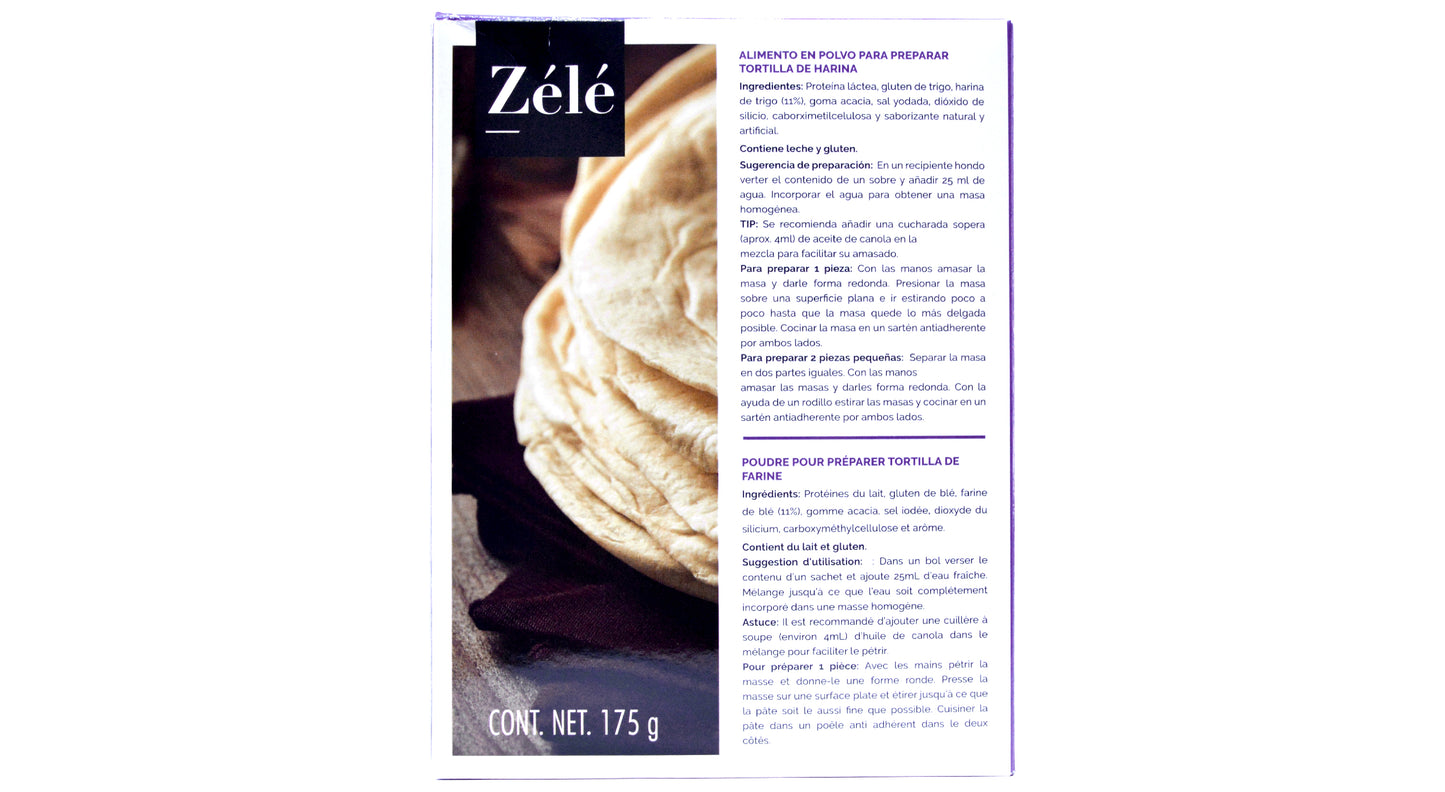 Alimento en polvo para preparar tortillas de harina keto, zelé.