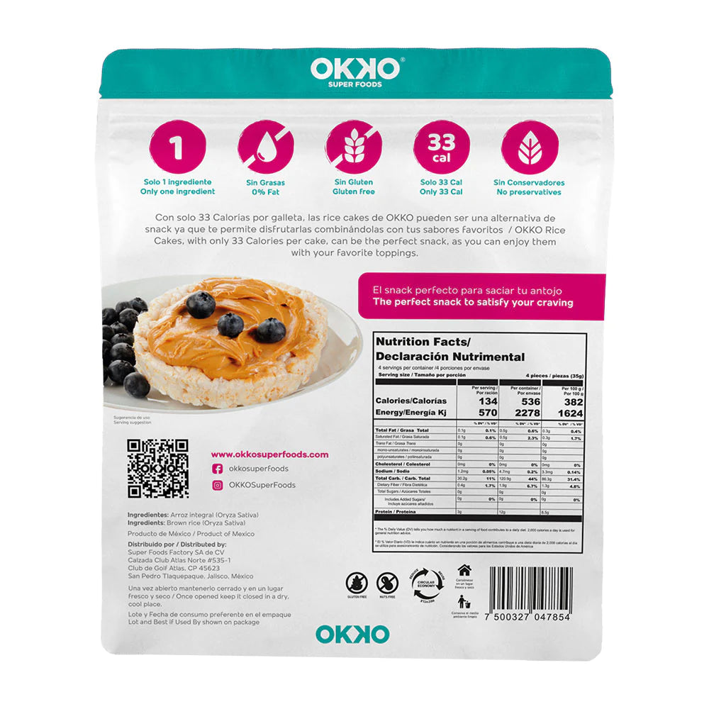 Galleta de arroz integral, bajo contenido calórico.