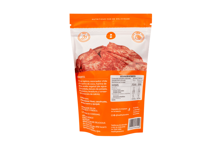 Totopos de tapioca sabor chile limón 100g.
