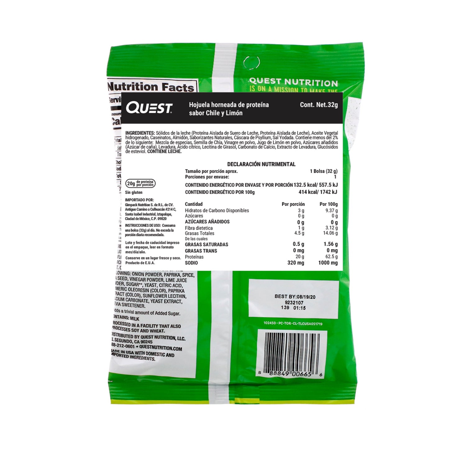 Chips Horneadas con Proteina sabor Chile Y Limon, 32G Quest.