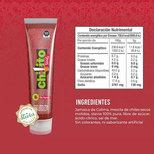 Chilito en polvo de Jamaica sin azúcar, endulzado con stevia. Sirilo 85g