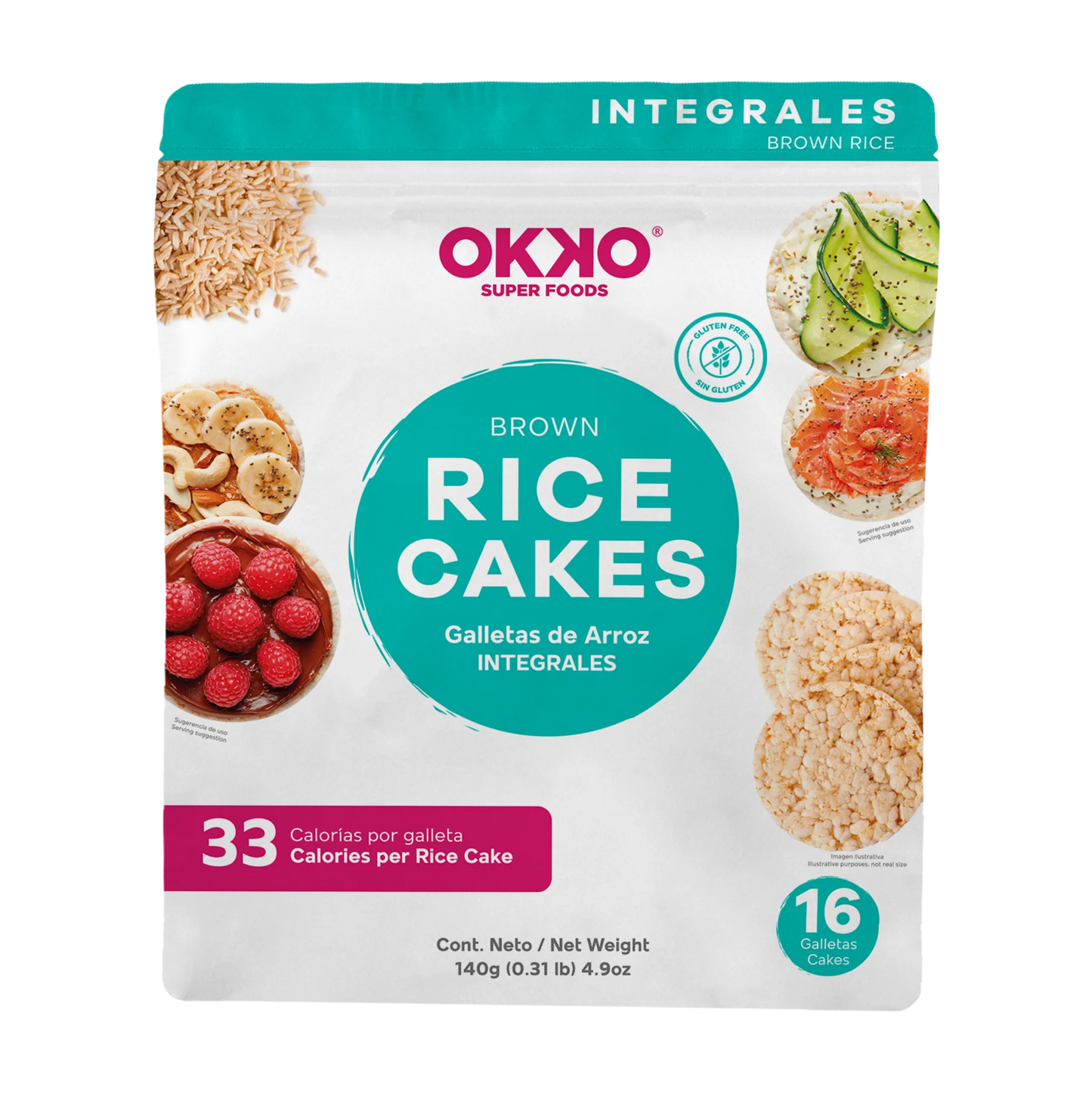 Galleta de arroz integral, bajo contenido calórico.