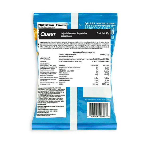 Chips Horneadas con proteina sabor Ranch, 32G Quest.