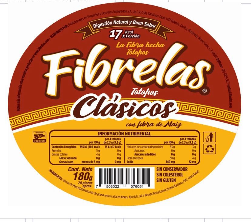 Totopos altos en fibra, fibrelas 180g.