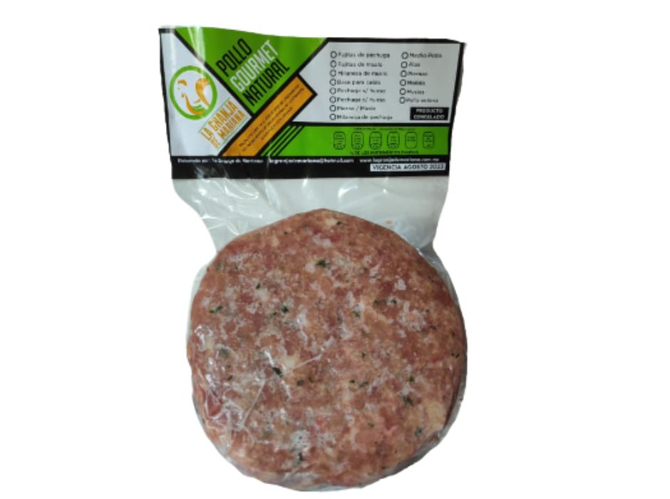 Hamburguesas de Pollo, libre de acelerantes 5 pzas de 100g cada una.