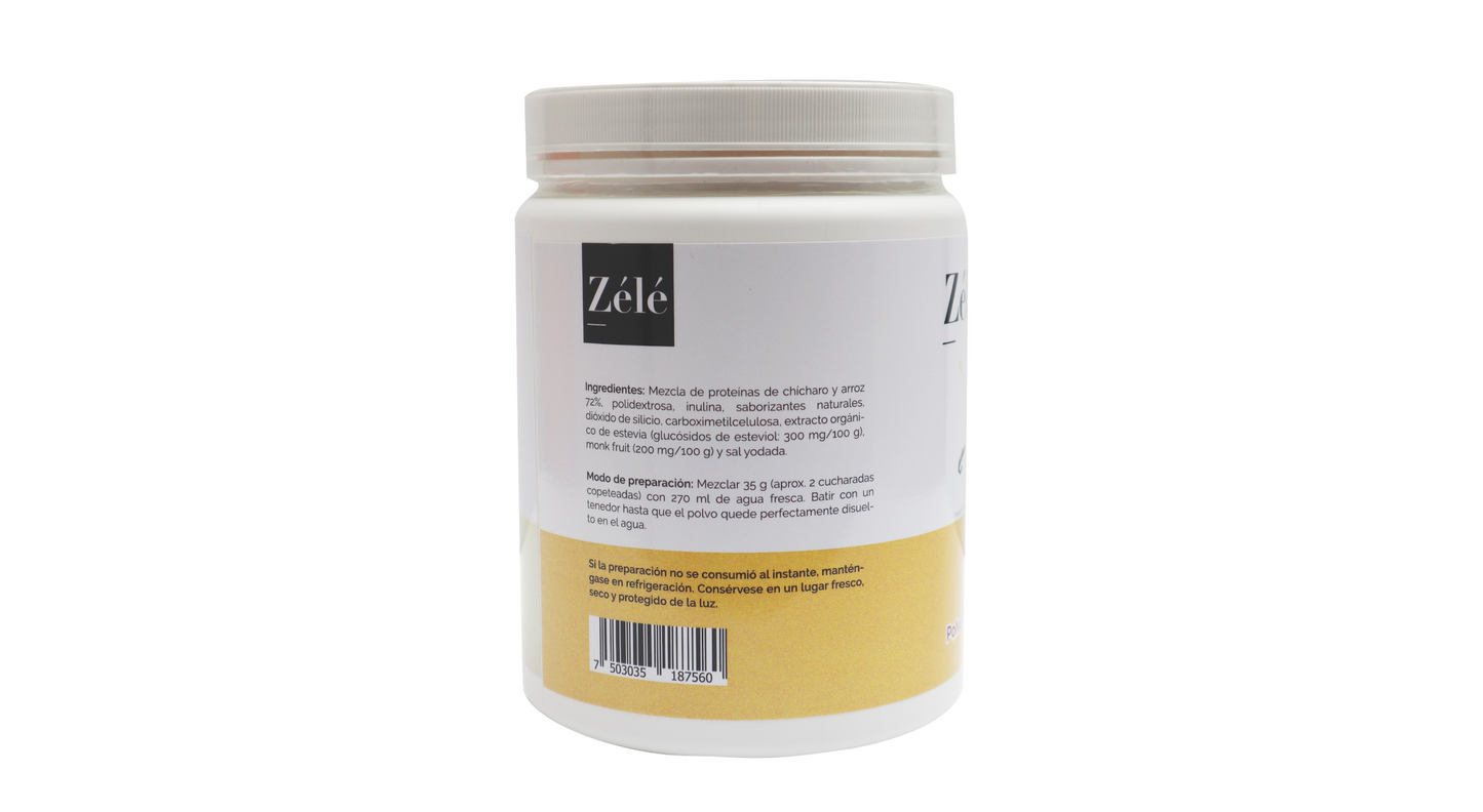 Polvo para preparar bebida a base de proteína de chícharo y arroz sabor vainilla, zelé