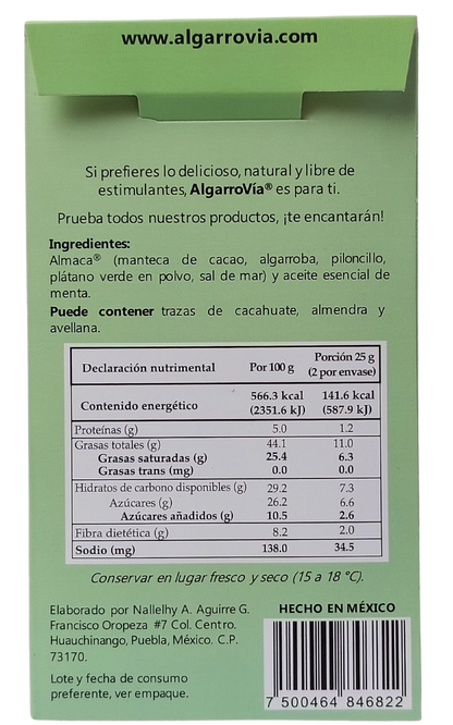 Tableta de Algarroba con Menta, Sin Exceso de Azúcares. 50g.