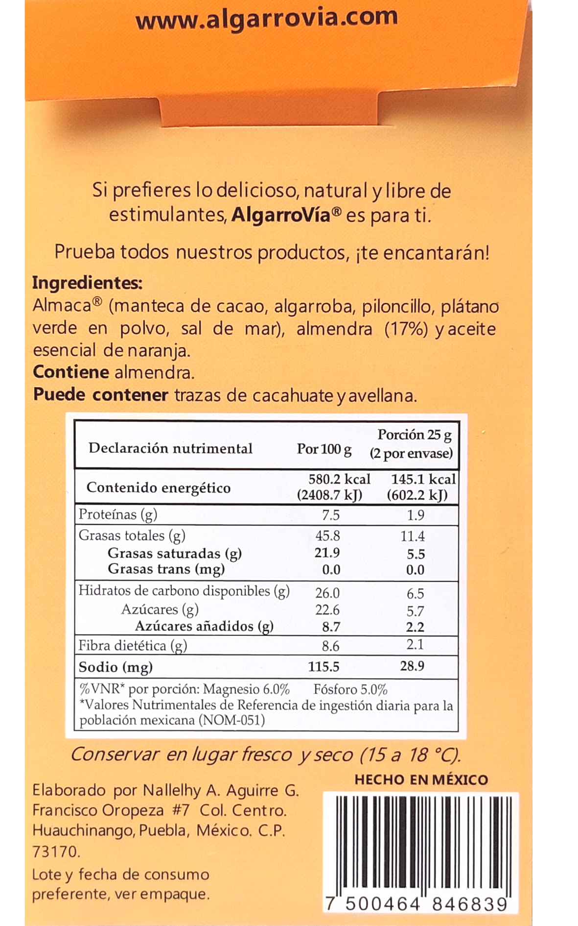 Tableta de Algarroba “Naranja-Almendra”, Sin Exceso de Azúcares. 50g.