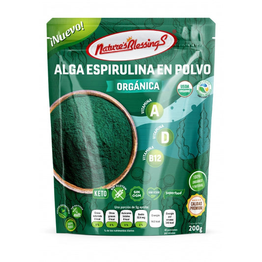 Alga spirulina Premium Orgánico en polvo 200g.